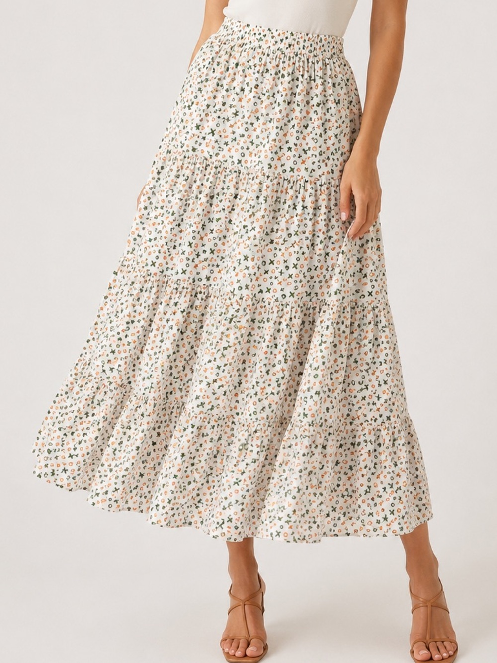 Hampton House XO Print Tiered Maxi Skirt Medium Boho Cottagecore Smocked Waist